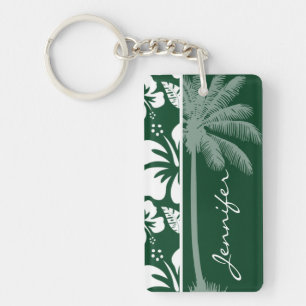 Forest Green Hawaiian Tropical Hibiscus; Palm Keychain