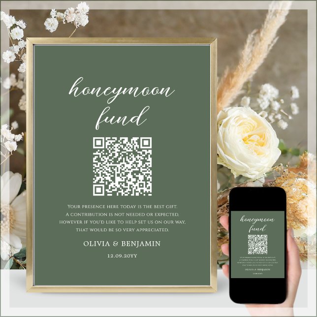 Forest Green Honeymoon Fund QR Code Wedding Sign (Creator Uploaded)