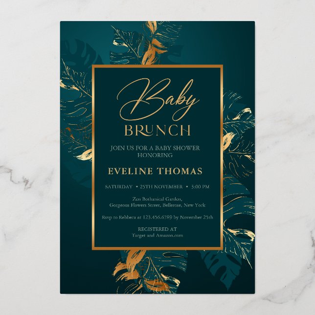 Forest green leaves and real gold foil baby brunch (Front)