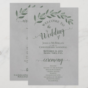 Forest Green Leaves on Grey Budget Wedding Program