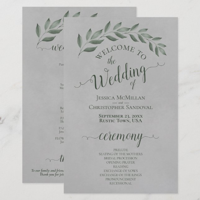 Forest Green Leaves on Grey Budget Wedding Program (Front/Back)
