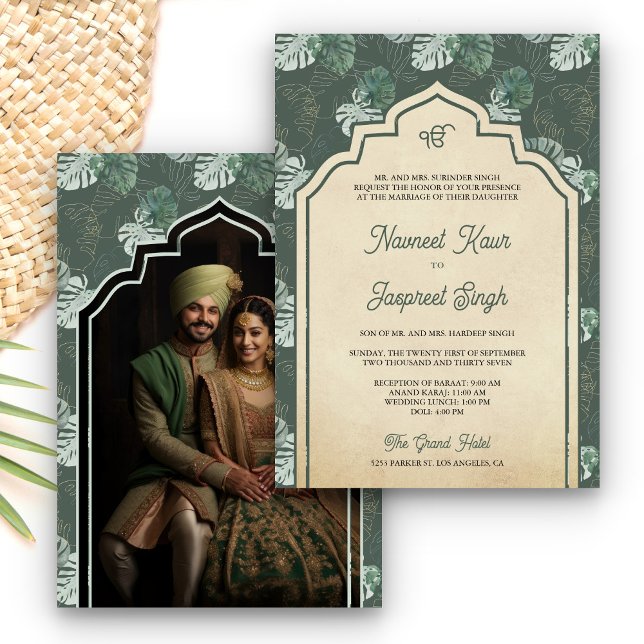 Forest Green Leaves Photo Anand Karaj Sikh Wedding Invitation (Creator Uploaded)