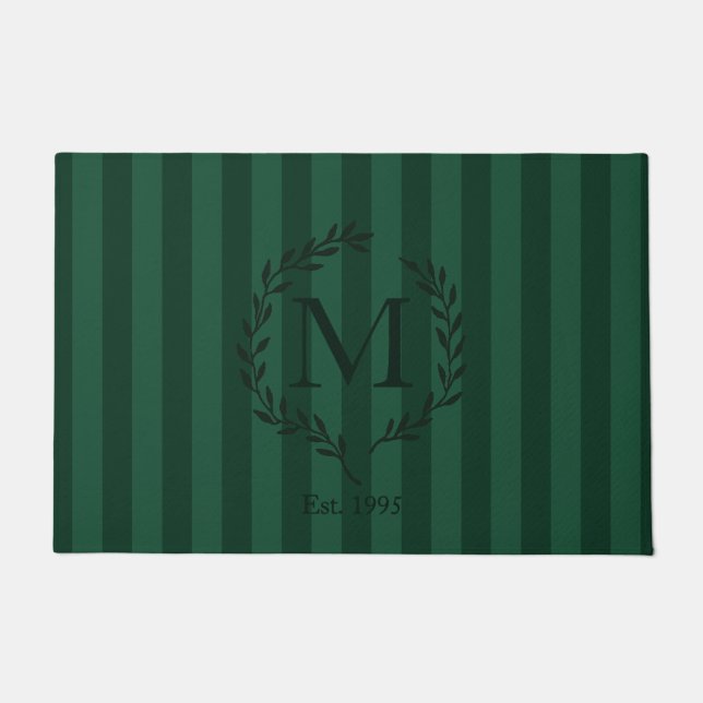 Forest Green Luxe Stripes and Wreath Monogram Doormat (Front)