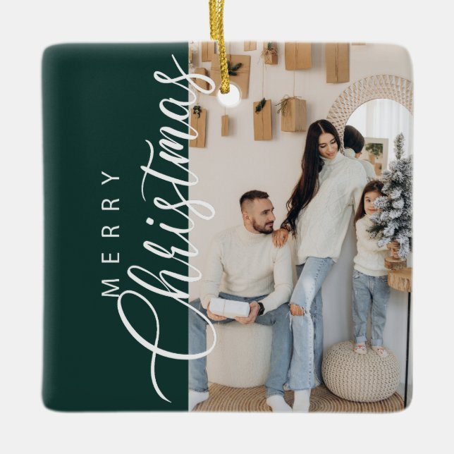 Forest Green Merry Christmas Photo Ceramic Ornament (Front)