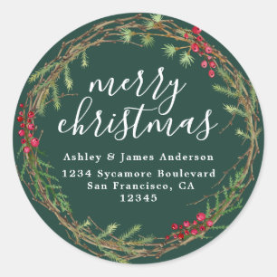 Forest Green Merry Christmas Wreath Return Address Classic Round Sticker