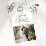 Forest Green Merry & Married Newly Weds Photo Gift Tags<br><div class="desc">This Christmas gift tag features elegant and romantic swirly calligraphy lettering with a photo,  and a simple Christmas wreath pattern on the back. For more advanced customization of this design,  please click the BLUE DESIGN TOOL BUTTON above!</div>