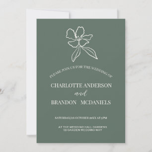 Forest Green Minimal Floral Wedding Invitation