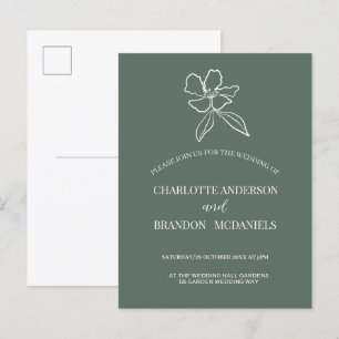 Forest Green Minimal Floral Wedding  Invitation Postcard