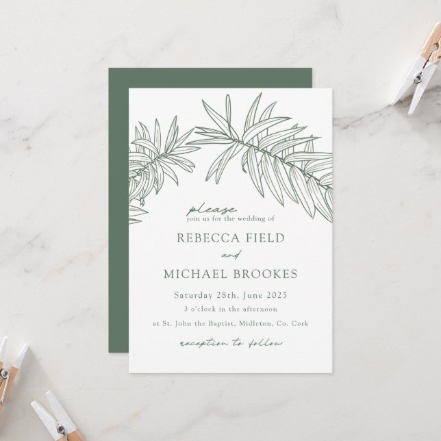 Forest Green Minimalist Botanical Wedding  Invitation (Front/Back In Situ)
