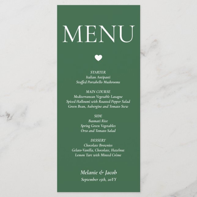 Forest Green Minimalist Wedding Menu Flat Card (Front)