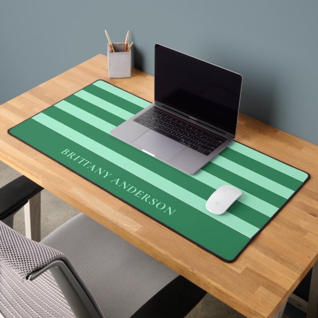 Forest Green & Mint Green Stripes Pattern Name Desk Mat (Office 2)