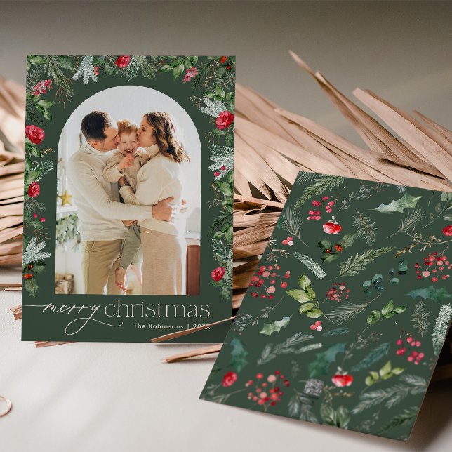 Forest Green Modern Arch 1 Photo Merry Christmas Holiday Card (Creator Uploaded)