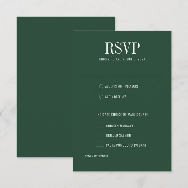 Forest Green Modern Colourful Meal Choice Wedding RSVP Card (Front/Back)