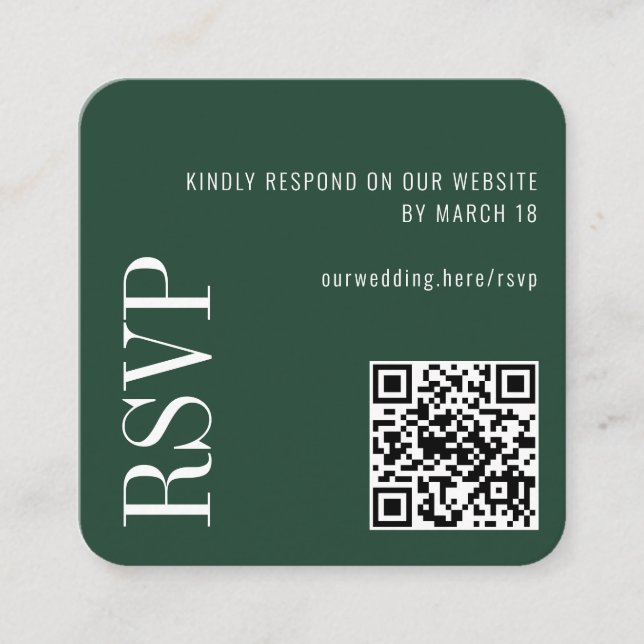 Forest Green Modern Custom QR Code Wedding RSVP Enclosure Card (Front)