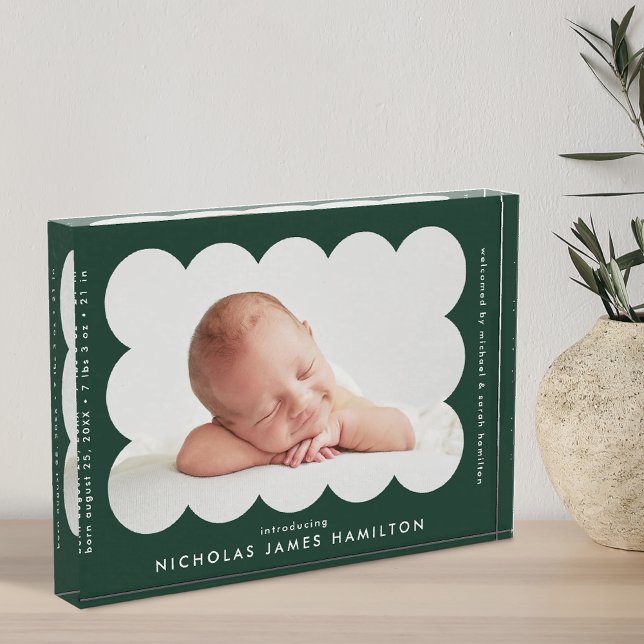 Forest Green Modern Scalloped Birth Announcement Photo Block (Creator Uploaded)
