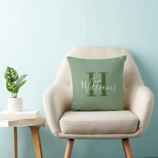 Forest Green Monogram Name Script Typography Throw Pillow