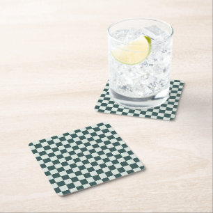 Forest green moss chequerboard pattern square paper coaster