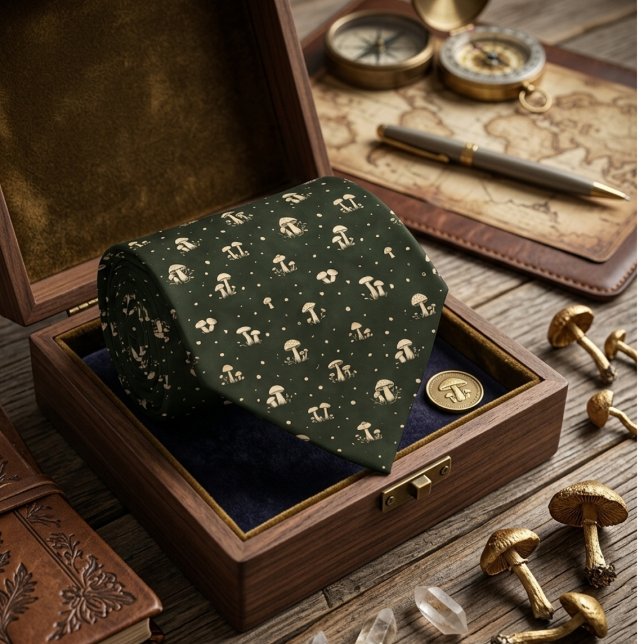 Forest Green Mushroom Subtle Gold Fungi Motif Tie (Creator Uploaded)