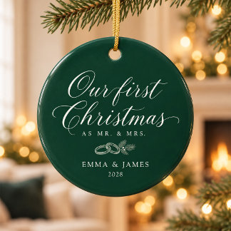 Forest Green Newlywed First Christmas Ceramic Ornament