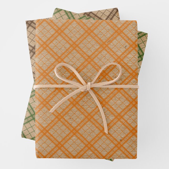 Forest Green Orange Tartan Faux Rustic Brown Kraft Wrapping Paper Sheet (In situ)