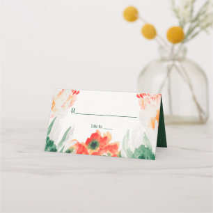 Forest Green, Orange, White Watercolor Floral Place Card