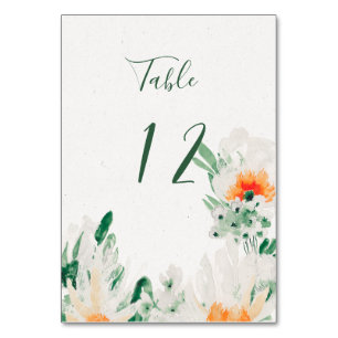 Forest Green, Orange, White Watercolor Floral  Table Number