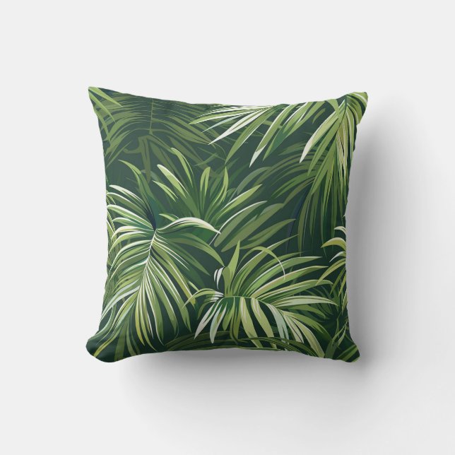 Forest green palm tree leave exotic flora throw pillow (Front)
