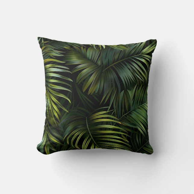 Forest green palm tree leave exotic flora throw pillow (Front)