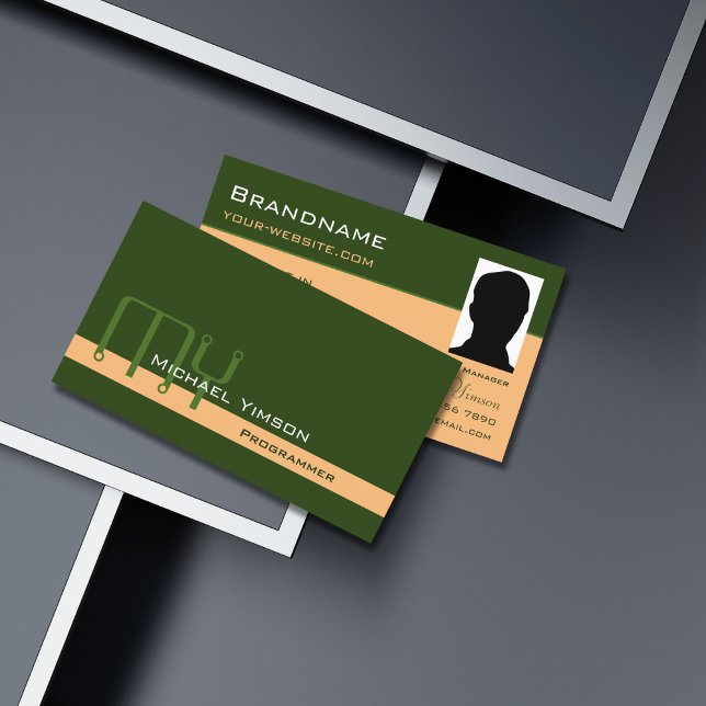 Forest Green Peach with Monogram and Photo Classic Business Card (Creator Uploaded)