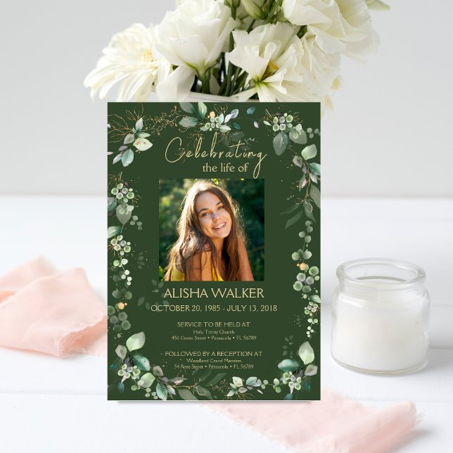 Forest Green Photo Memorial Service  Invitation (Creator Uploaded)