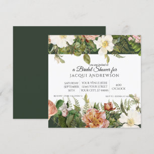 Forest Green Pink Ivory Roses Floral Bridal Shower Invitation