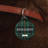 Forest Green Plaid Pattern Dog Bone & Monogram
