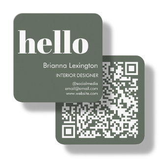 Forest Green |  QR Code Social Media Hello Square Business Card