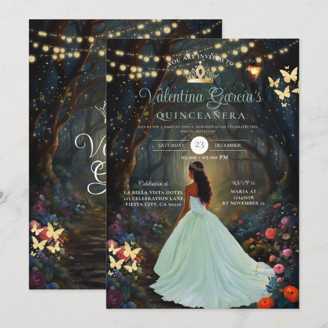 Forest Green Quinceañera 15 Anos Flowers Gold  Invitation (Front/Back)
