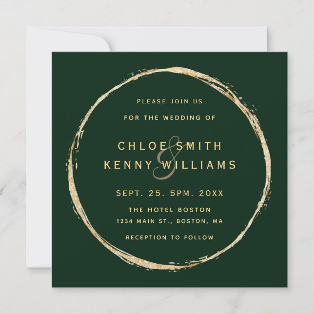 Forest Green Rustic Gold Circle Wedding Square Invitation (Front)