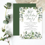 Forest Green Seeded Eucalyptus 80th Birthday Party Invitation<br><div class="desc">Beautiful gender neutral forest and sage green seeded eucalyptus "80th Birthday Party" design.  Clean and deceptively simple tone on tone design on a crisp white background.  Back features a simple forest green solid colour.</div>