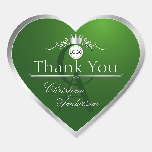 Forest Green Silver Frame Logo Monogram Thank You Heart Sticker (Front)