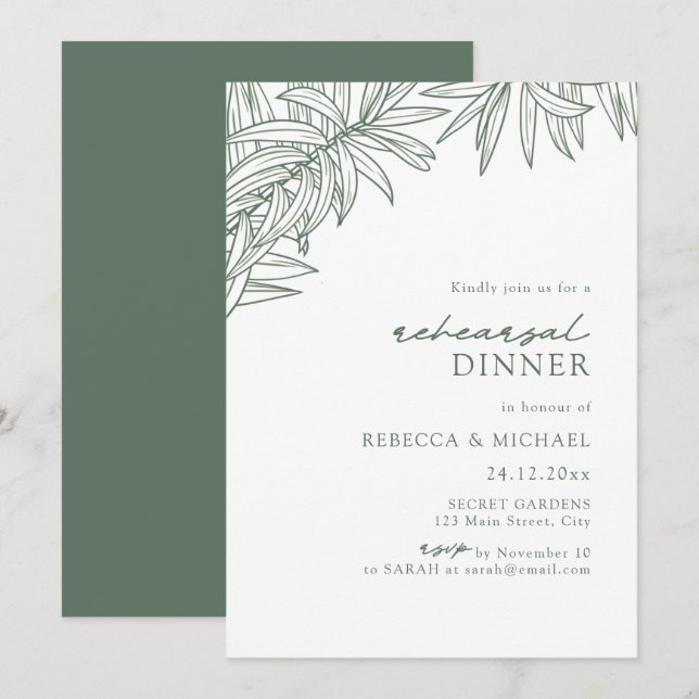 Forest Green Simple Botanical Rehearsal Dinner Invitation (Front/Back)