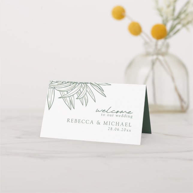 Forest Green Simple Hand Drawn Botanical Folded  Place Card (Back)