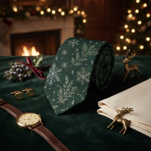 Forest Green Snowflake Pine Christmas Tie (Creator Uploaded)