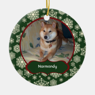 Forest Green Snowflakes Personalized Photo Round Ceramic Ornament