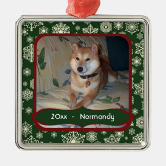 Forest Green Snowflakes Personalized Photo Square Metal Ornament