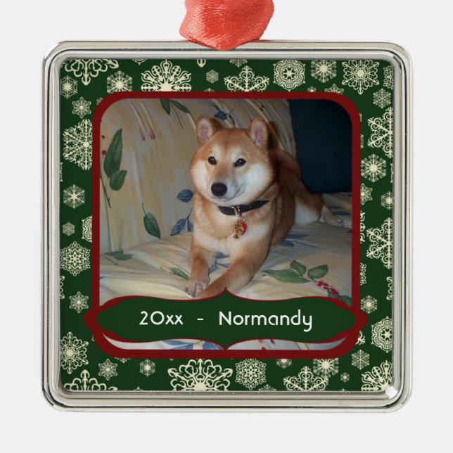 Forest Green Snowflakes Personalized Photo Square Metal Ornament (Front)
