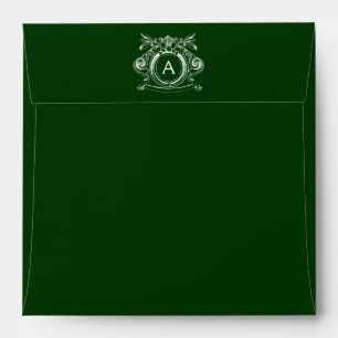 Forest Green Square Scrollwork Monogram Envelopes