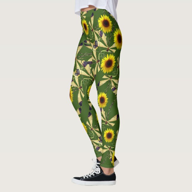 Forest Green Sunflower Dragenfly  Leggings (Left)