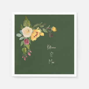 Forest Green Sunflower Wedding Cocktail Napkin