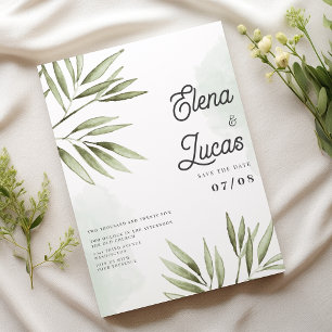 Forest green tropical watercolor leaves wedding invitation