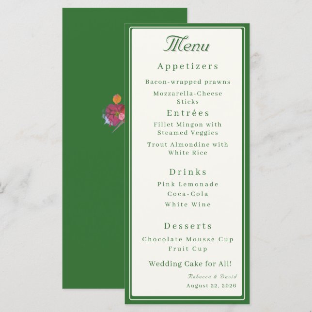 Forest Green Two Hearts Catholic Wedding Menu (Front/Back)