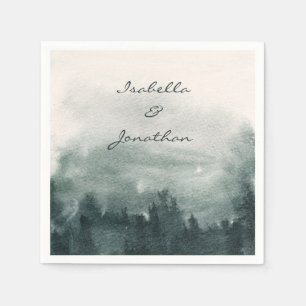 Forest Green Watercolor Pine Trees Couple Names Napkin