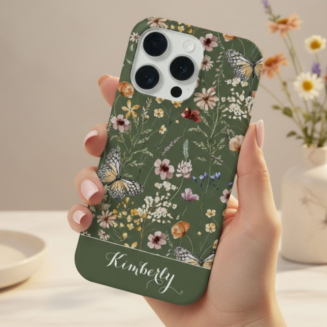 Forest Green Watercolor Wildflowers Pattern Name  iPhone Case (Creator Uploaded)